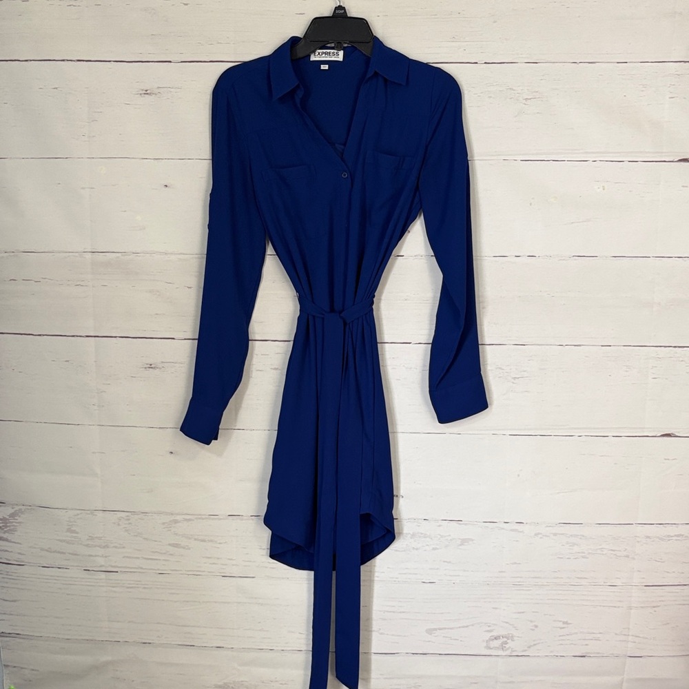 Express Cobalt Blue Long Sleeve Portofino Shirt Dress